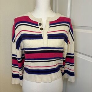 Urban Outfitters Striped Ribbed Henley Sweater Pink Navy Cream XS